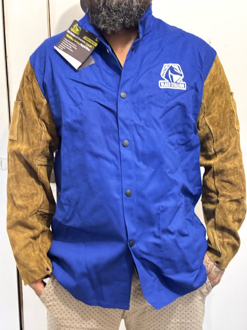 NWT Black Stallion Hybrid Welding Jacket Royal Blue Leather Sleeves Size L
